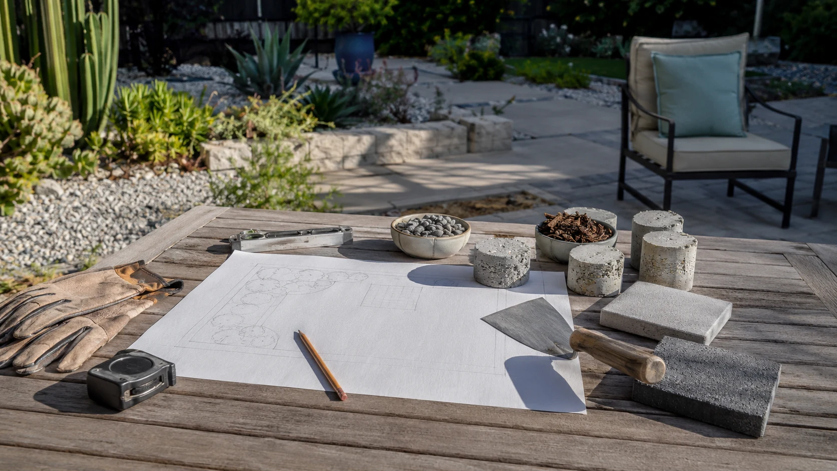 Concrete project planning tools, notes, and materials arranged on an outdoor work surface.