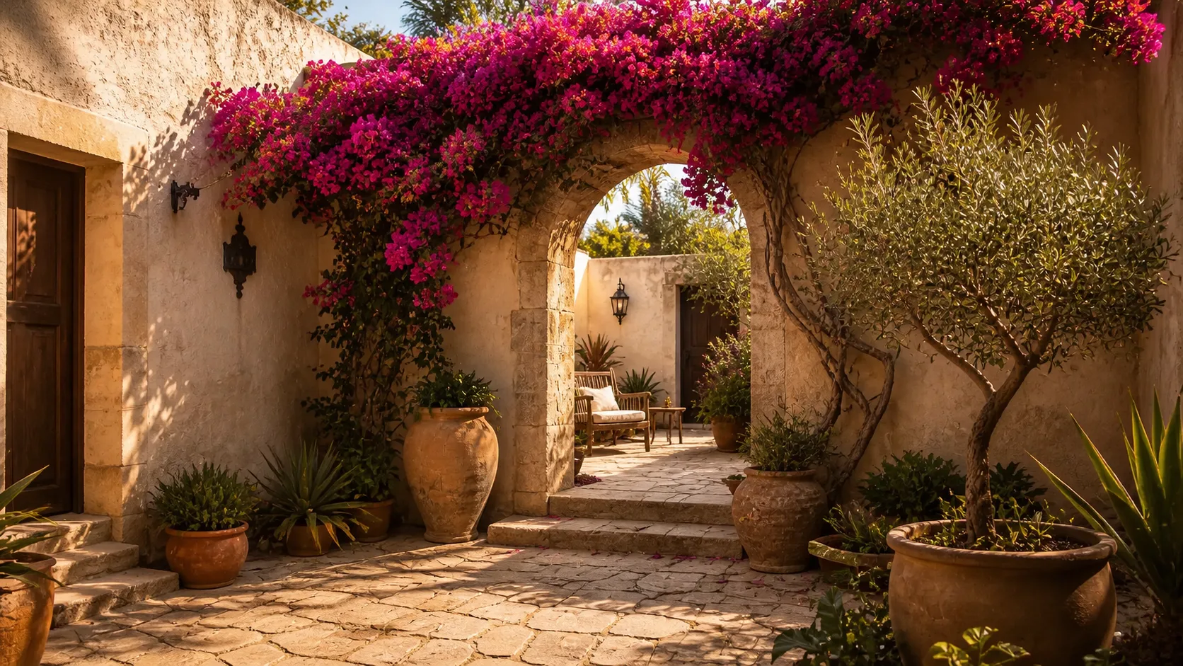 Sunlit courtyard with bougainvillea, stone archway, potted plants, and warm outdoor seating.