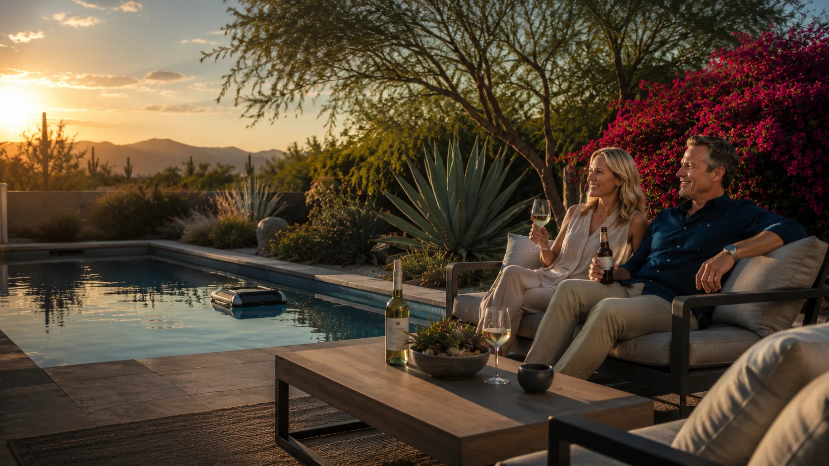 Scottsdale couple relaxing with wine and beer beside a pool, water-wise desert planting, bougainvillea, and mountain views.