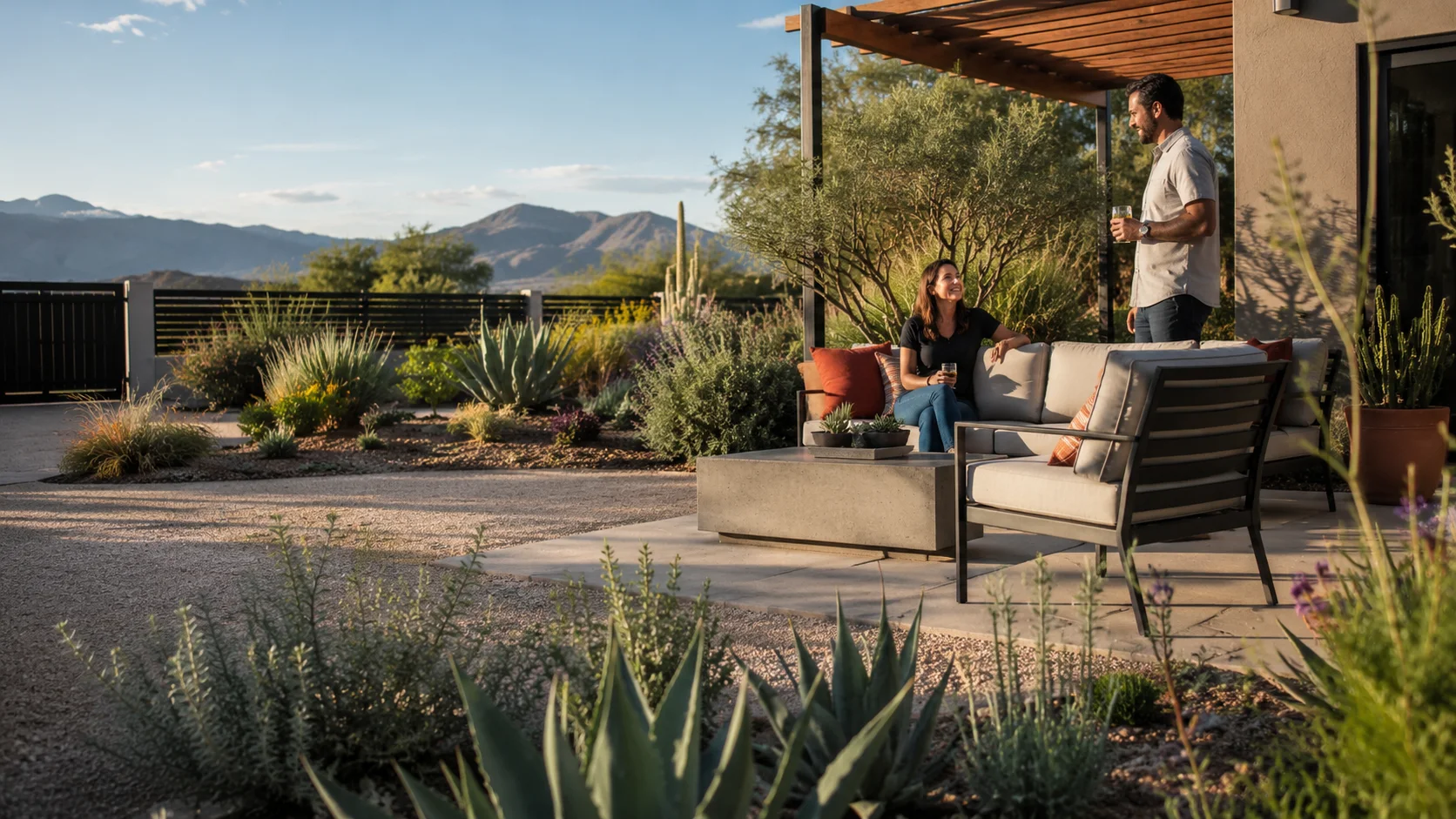 Couple relaxing on a bright dry-climate backyard patio with low-water planting, concrete hardscape, and mountain views.
