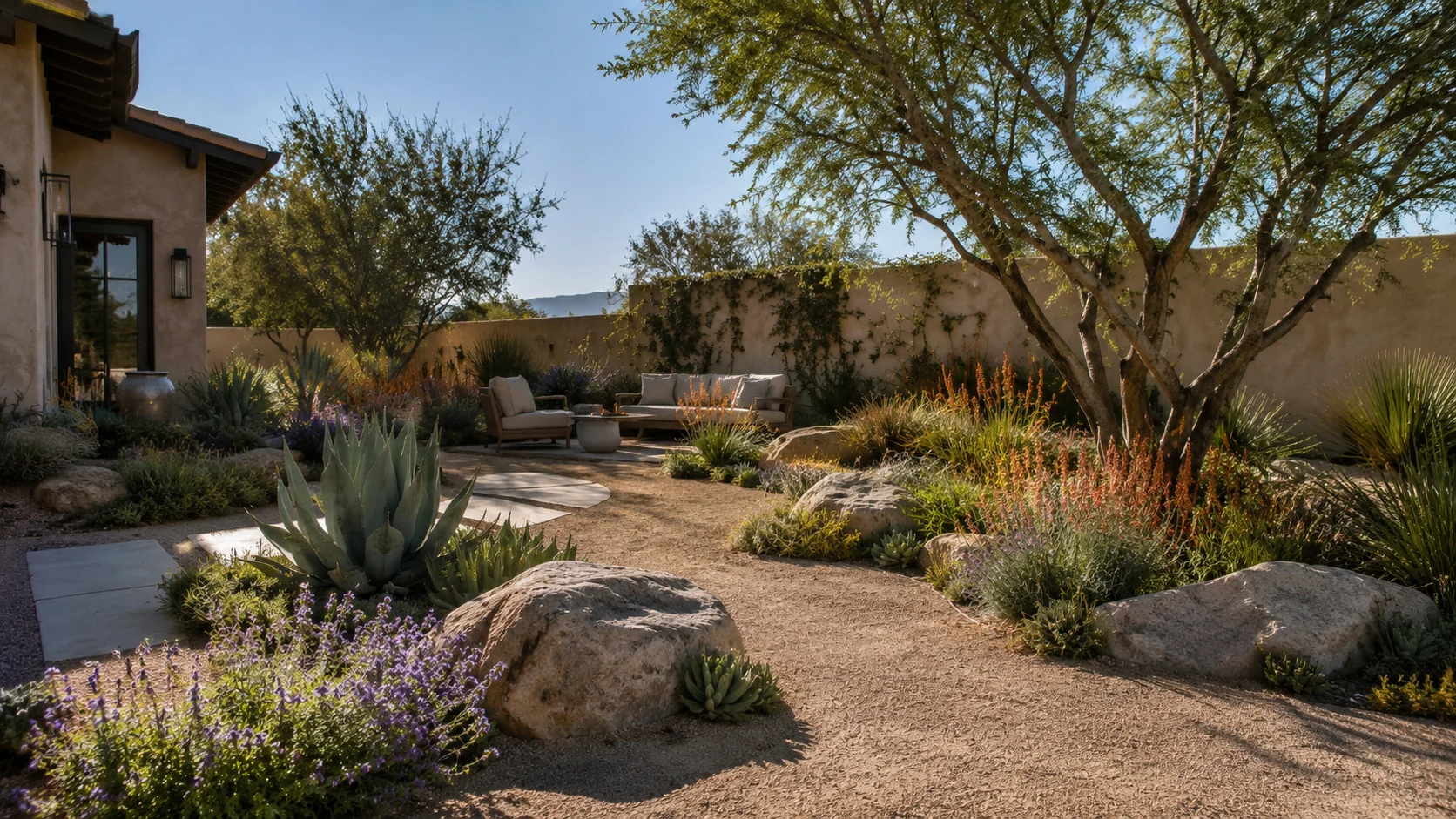 Designed waterwise backyard with decomposed granite, drought-tolerant plants, boulders, and a small seating area.