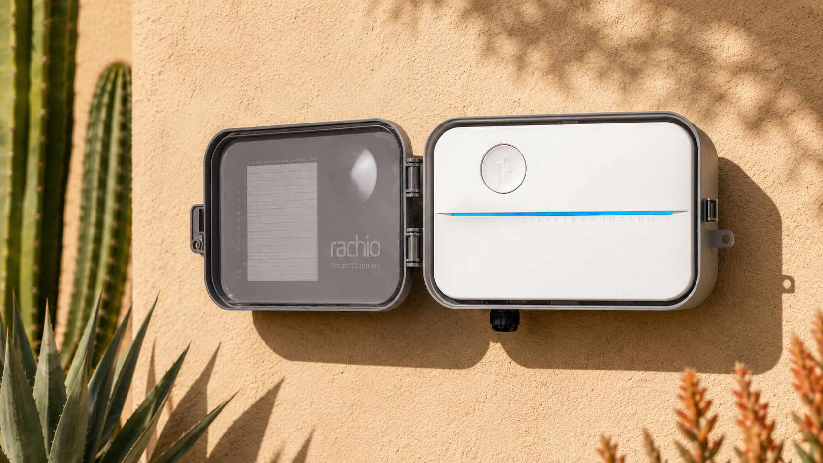 Rachio smart irrigation controller mounted outdoors in a protective enclosure.
