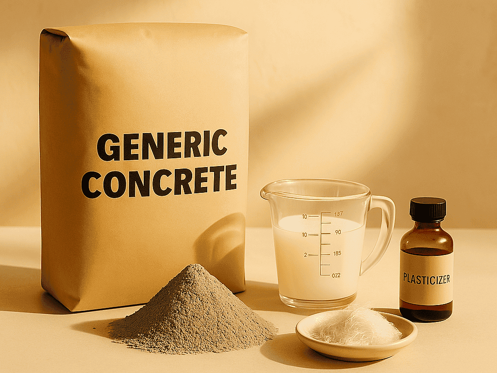 DIY concrete mix ingredients arranged on a beige tabletop: plain brown paper bag of generic concrete mix, pile of Portland cement powder, clear measuring cup with liquid acrylic polymer, small brown bottle labeled plasticizer, and a dish of AR glass fibers.