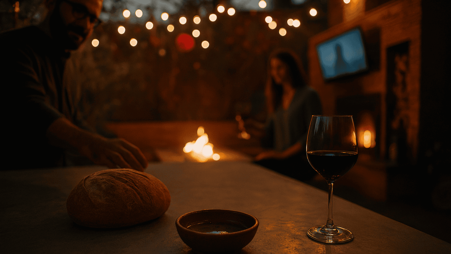 Evening Tuscan-style backyard scene with smooth concrete countertop in focus: rustic loaf of bread, terracotta bowl of olive oil, and a glass of red wine in foreground, with blurred couple enjoying wine and firepit in the background under string lights.
