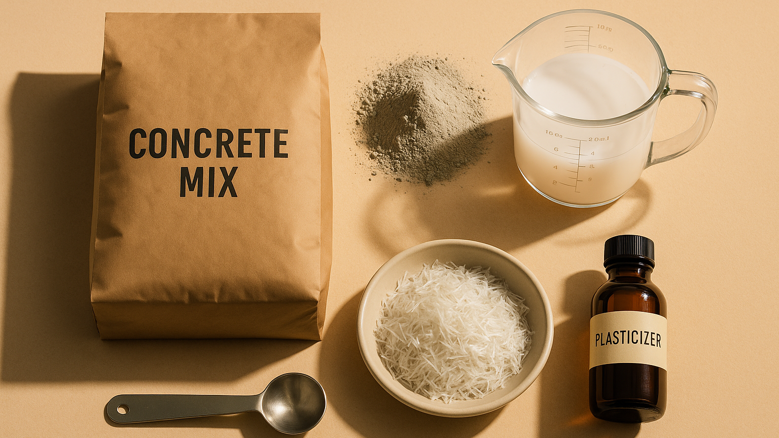 Overhead flat-lay of DIY concrete mix ingredients: brown paper bag labeled concrete mix, mound of cement powder, measuring cup with liquid acrylic polymer, bowl filled with chopped glass fibers, brown plasticizer bottle, and a metal measuring spoon.