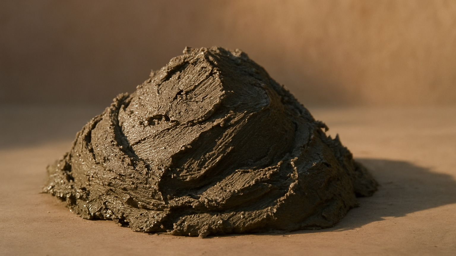 Editorial close-up of a small pile of freshly mixed wet concrete with a smooth, creamy texture, photographed on a beige surface in warm desert light.