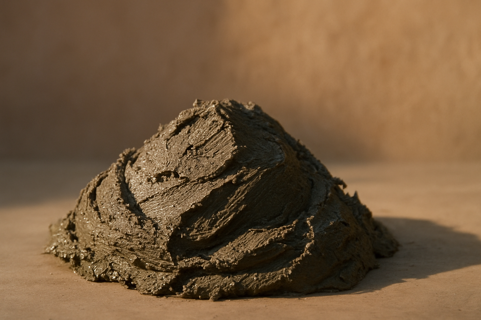 Editorial close-up of freshly mixed concrete with a smooth, creamy texture in warm desert light.